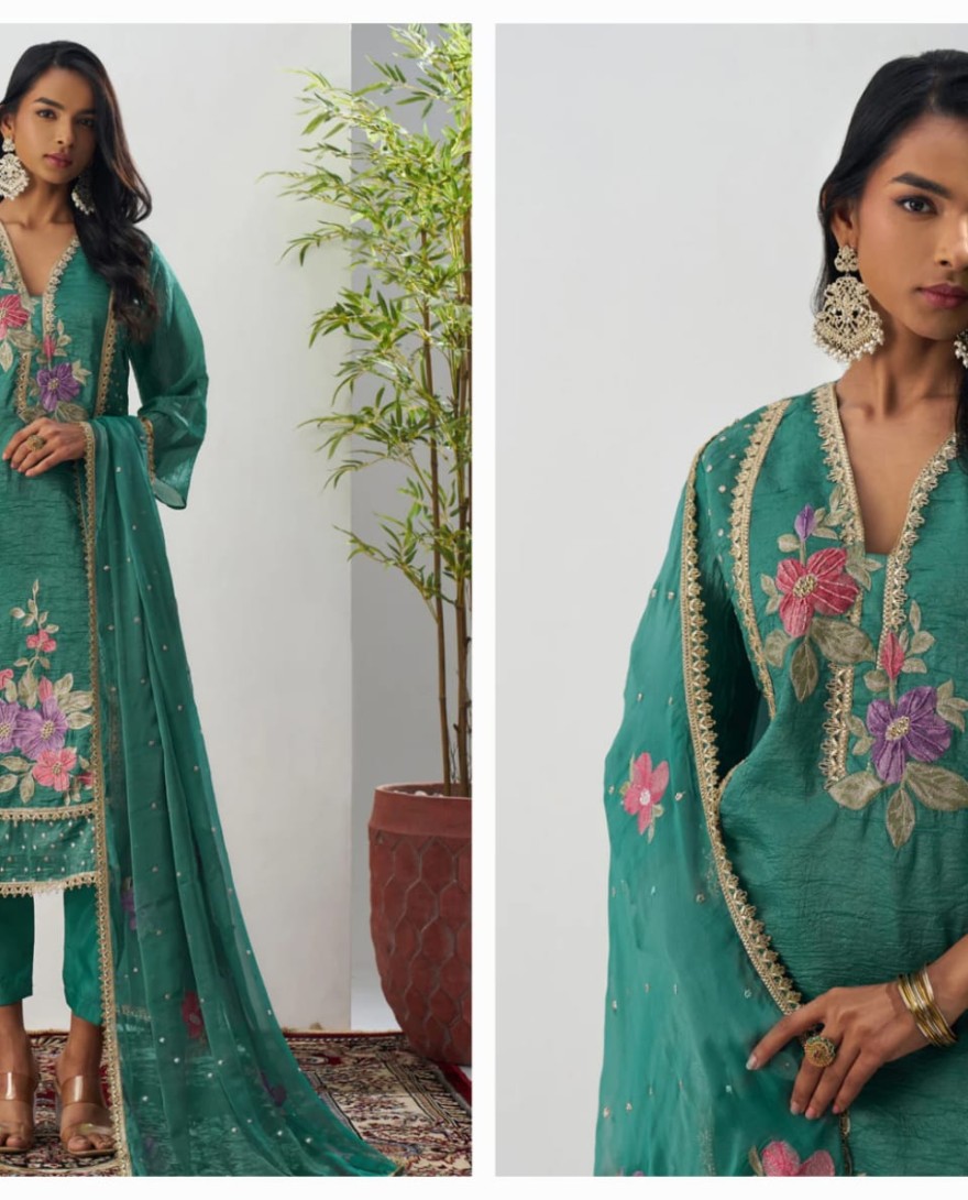 1004 - Dark Emerald Green Silk Pant Suit With Chiffon Dupatta